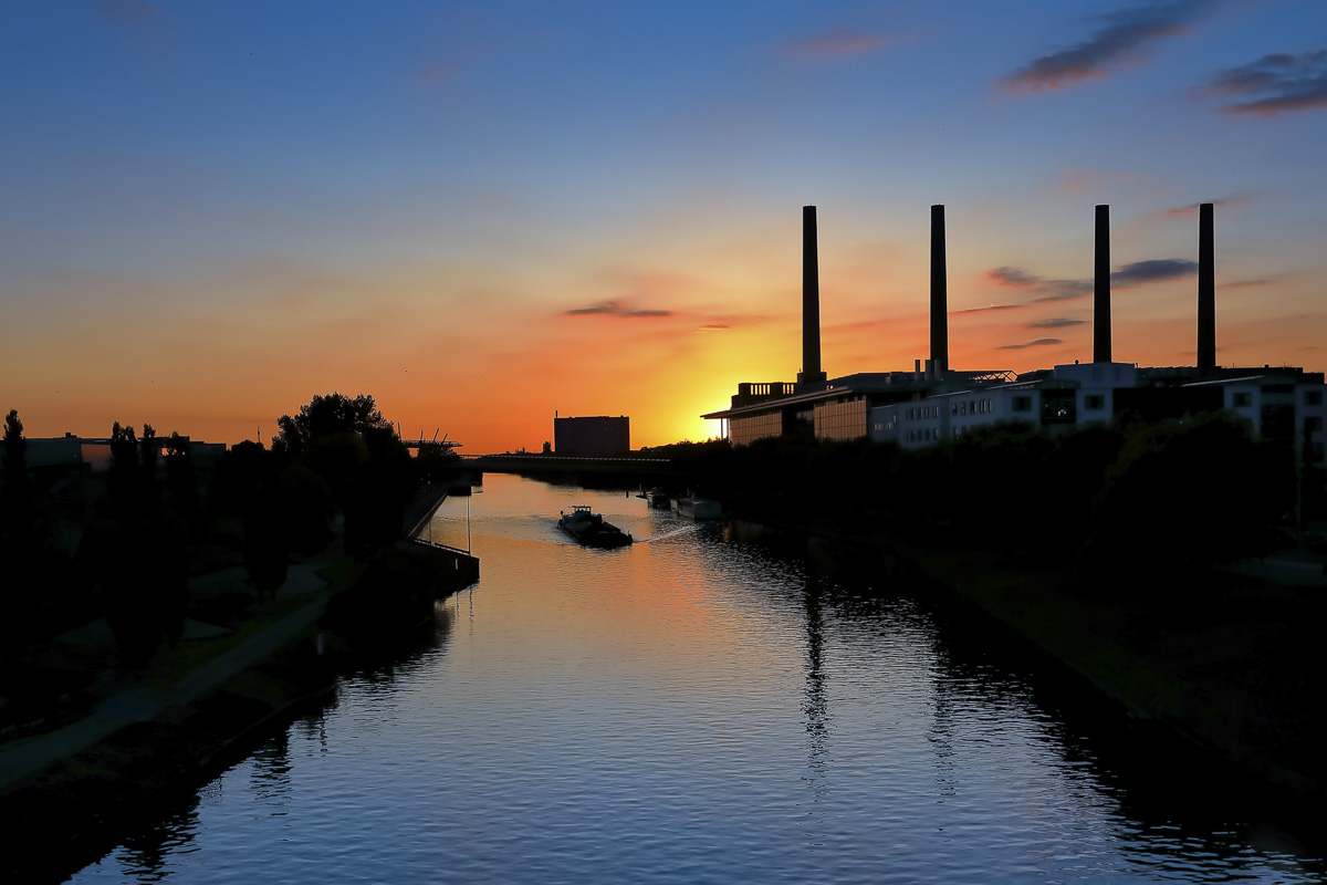 Sunset over an auto plant